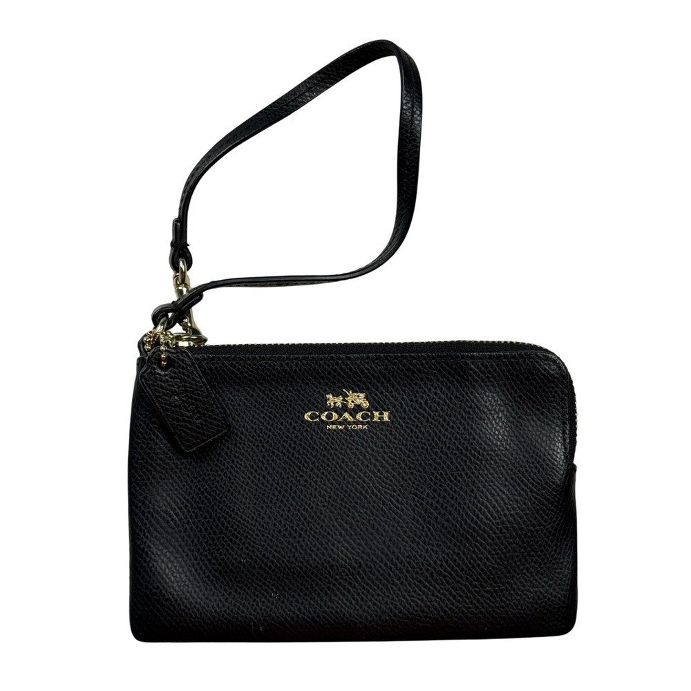 Coach Black Crossgrain Leather Small Wristlet Gold Hardware Logo Zip Pouch